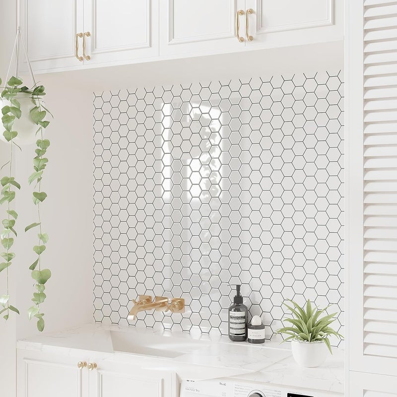 White Hexagon Kitchen Backsplash Tiles Peel and Stick Backsplash Wall Tiles for Bathroom 24 Sheets Waterproof Renter Friendly Ceramic Stick on Tile for Shower Wall Laundry Room 12''x12'' - Image 5