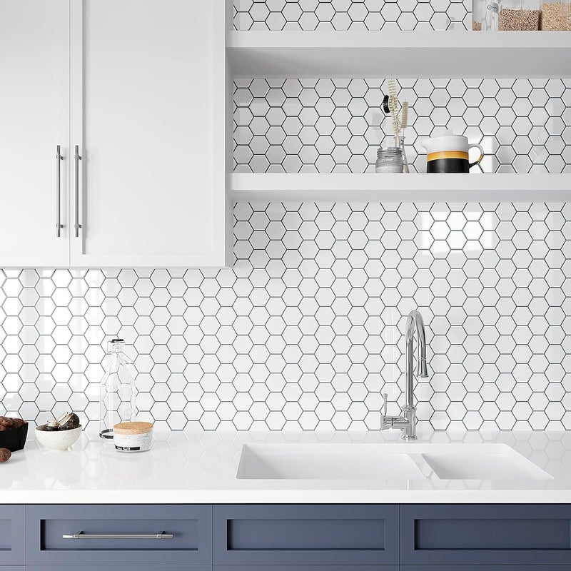 White Hexagon Kitchen Backsplash Tiles Peel and Stick Backsplash Wall Tiles for Bathroom 24 Sheets Waterproof Renter Friendly Ceramic Stick on Tile for Shower Wall Laundry Room 12''x12'' - Image 3