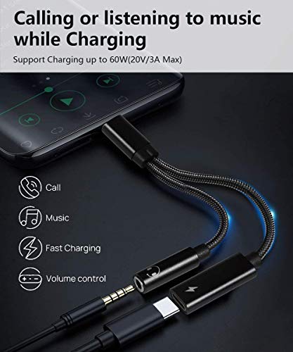 LecLooc 2 in 1 USB C to 3.5mm Headphone Audio and Charge Adapter, Type c to Aux Audio with PD 60W Fast Charge Adapter fit with iPhone 16 15 Pro Max, Galaxy S24 S23 S22, Pixel 9 8 7 6, iPad Pro/Macbook Air - Image 2