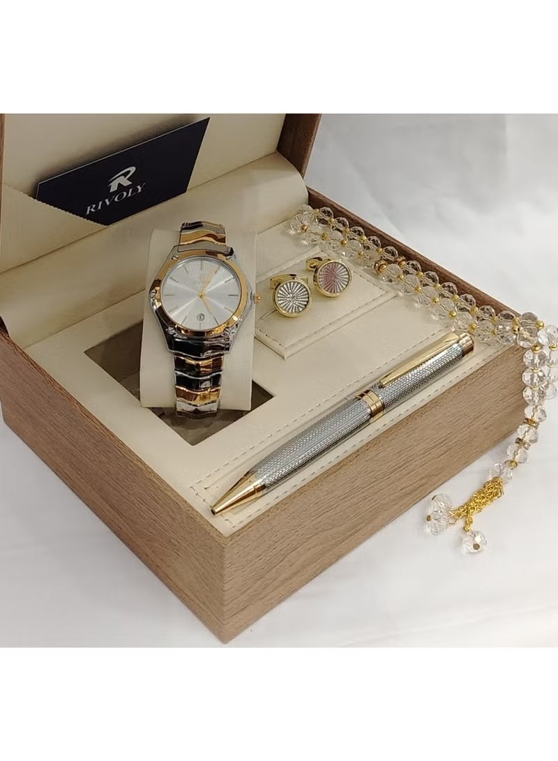 "Men's Luxury Stainless Steel Watch Gift Set with Pen, Cufflinks, and Elegant Tasbih"