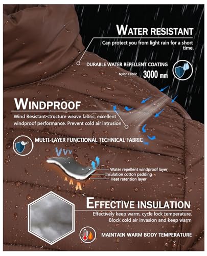 SPOSULEI Mens Puffer Down Jacket Quilted Winter Insulated Packable Jackets Coats Lightweight Water Repellent Outdoor Warm Ski Snow Jacket Outerwear Brown S - Image 3