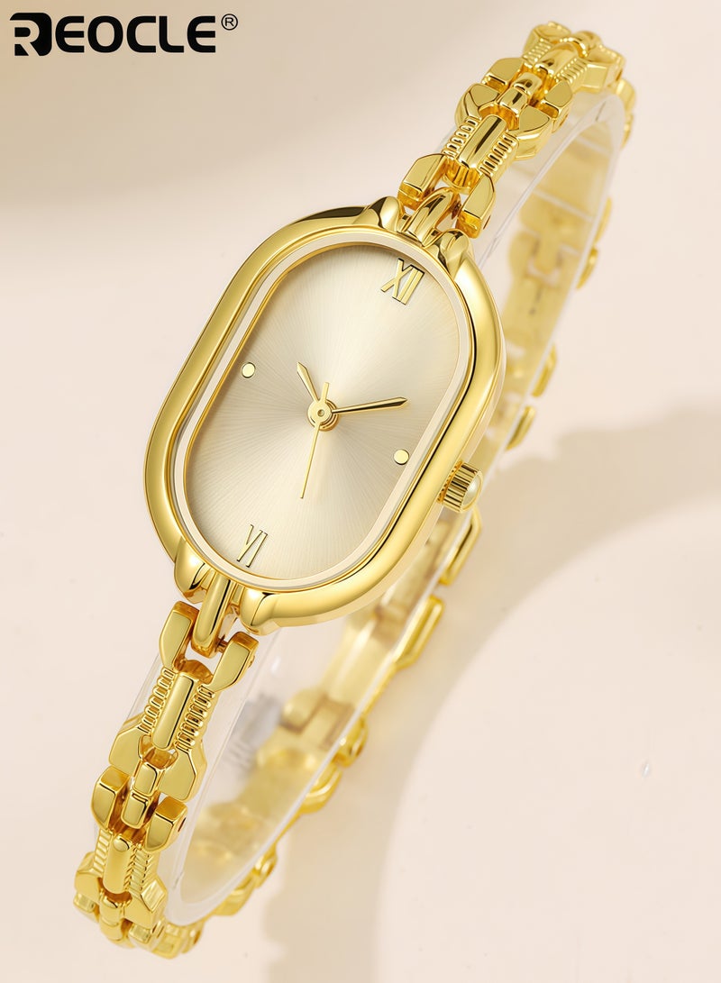 ريوكل ساعة معصم نسائية قديمة صغيرة مزودة بقرص تناظري بيضاوي صغير، ساعة يد أنيقة فاخرة مزينة بالألماس مع ميزة حركة الكوارتز للاستخدام اليومي - Image 5