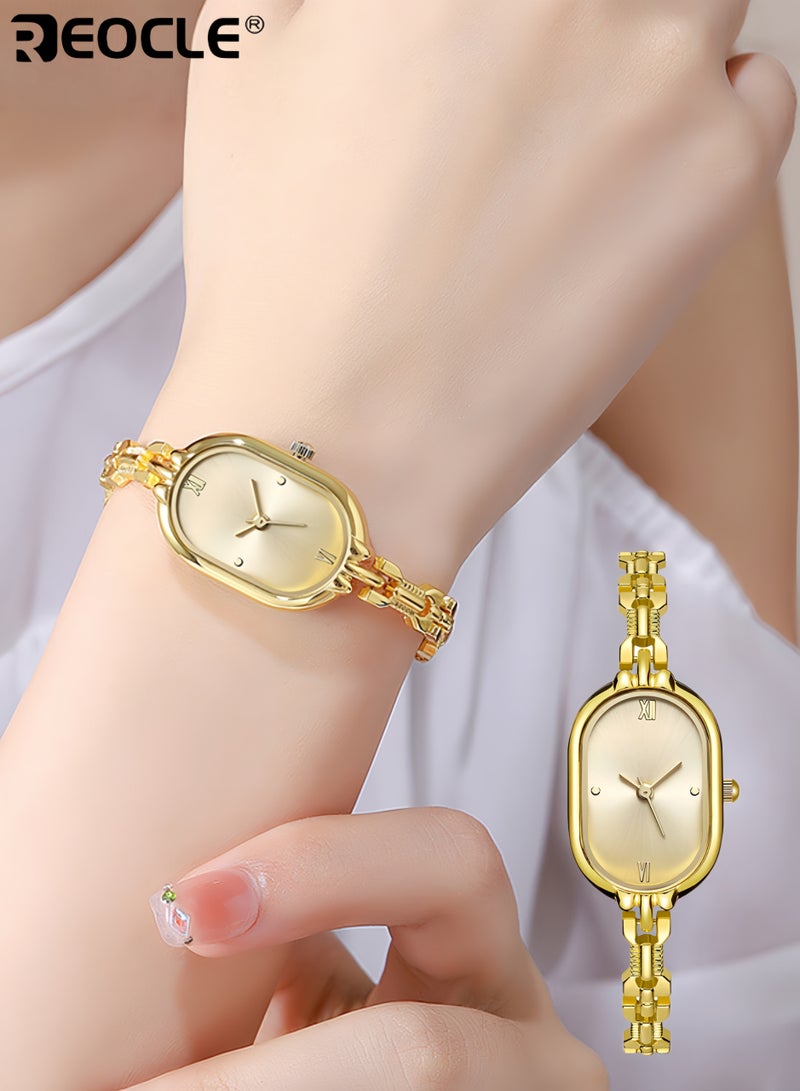 ريوكل ساعة معصم نسائية قديمة صغيرة مزودة بقرص تناظري بيضاوي صغير، ساعة يد أنيقة فاخرة مزينة بالألماس مع ميزة حركة الكوارتز للاستخدام اليومي - Image 1