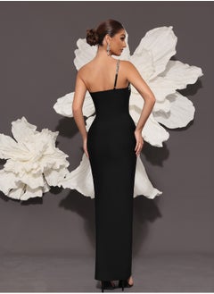 Meilun Women's Black Single Shoulder Diamond Studded Maxi Evening Gown  - Image 2
