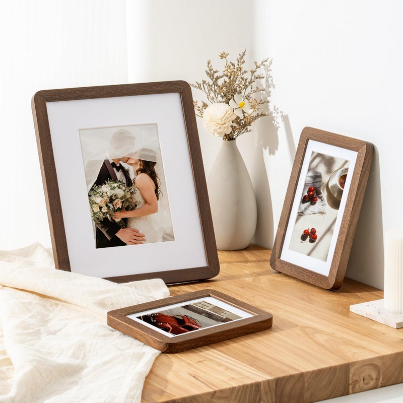 FLYJOE 4x6 Solid Oak Wood Picture Frame | 4x6 With Mat For 3.5x5 | Plexiglas Hanging Hardware Included | Walnut, 1 Pack - Image 2