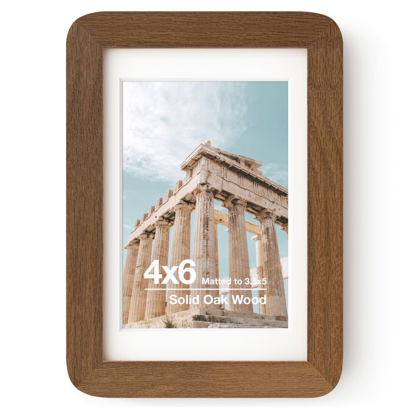 FLYJOE 4x6 Solid Oak Wood Picture Frame | 4x6 With Mat For 3.5x5 | Plexiglas Hanging Hardware Included | Walnut, 1 Pack - Image 1