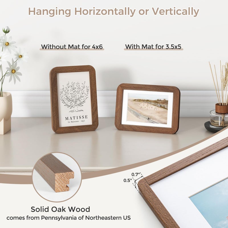 FLYJOE 4x6 Solid Oak Wood Picture Frame | 4x6 With Mat For 3.5x5 | Plexiglas Hanging Hardware Included | Walnut, 1 Pack - Image 4