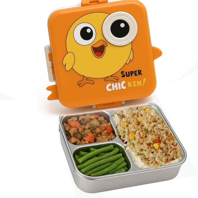 طقم صندوق غداء للأطفال، خالي من BPA، من الفولاذ المقاوم للصدأ، مقسم بتصميم حيوانات لطيف، مقاوم للتسرب (دجاج) لون برتقالي