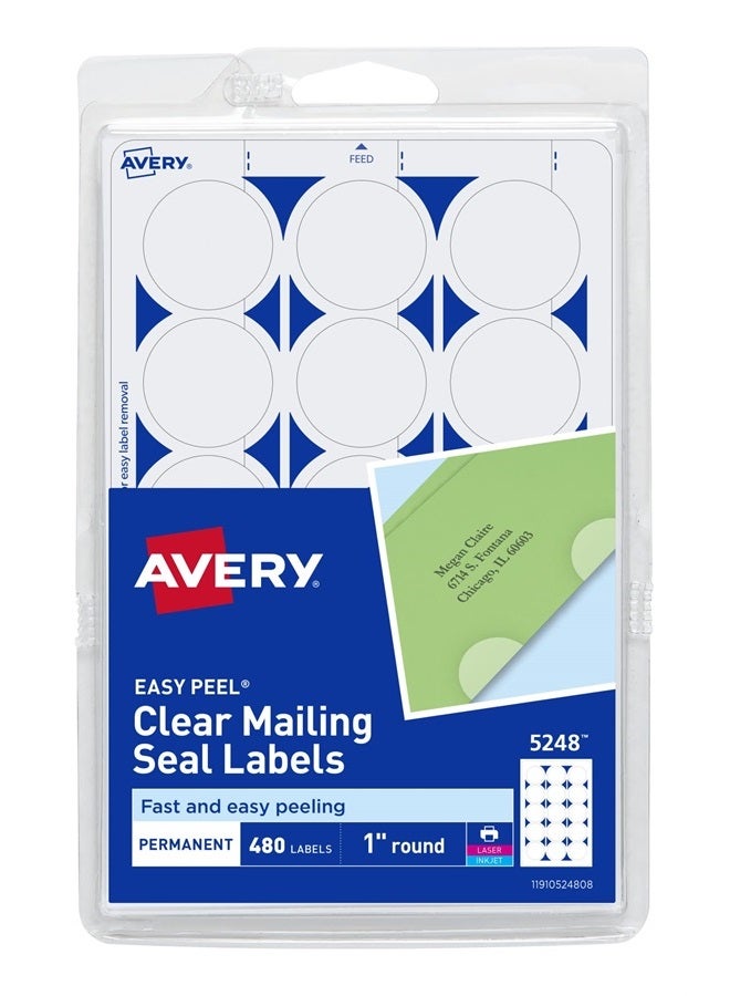 Avery Mailing Seals, 1" Round Labels, Clear, 480 Printable Mailing Labels (05248) - Image 1