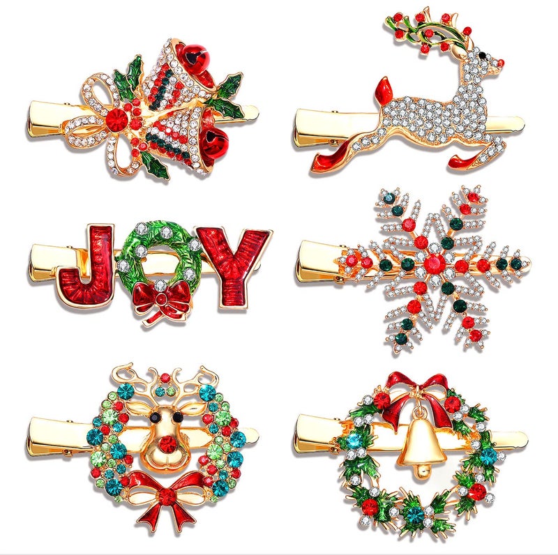6PCS Christmas Hair Clips for Women Xmas Snowflake Wreath Reindeer Bell Hairpins Rhinestone Holiday Hair Barrettes Festive Costume Hair Accessory Gifts 6PCS Xmas Hair Clip