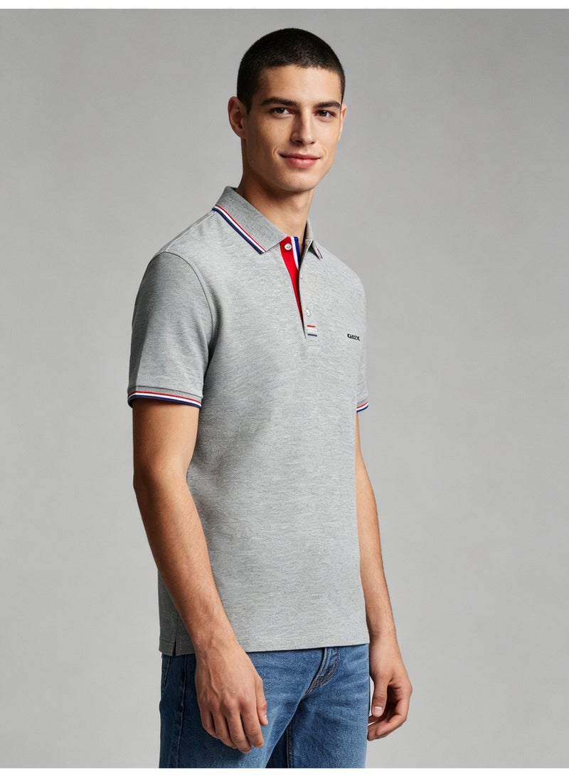 GEOX Unisex Short Sleeve Collar Polo Shirt, Contrast Striped Cuff & Collar, Casual Daily Wear, Grey - Image 1