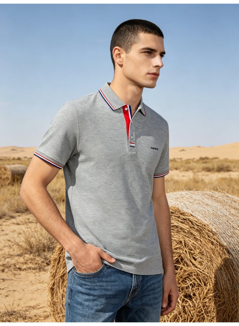 GEOX Unisex Short Sleeve Collar Polo Shirt, Contrast Striped Cuff & Collar, Casual Daily Wear, Grey - Image 3