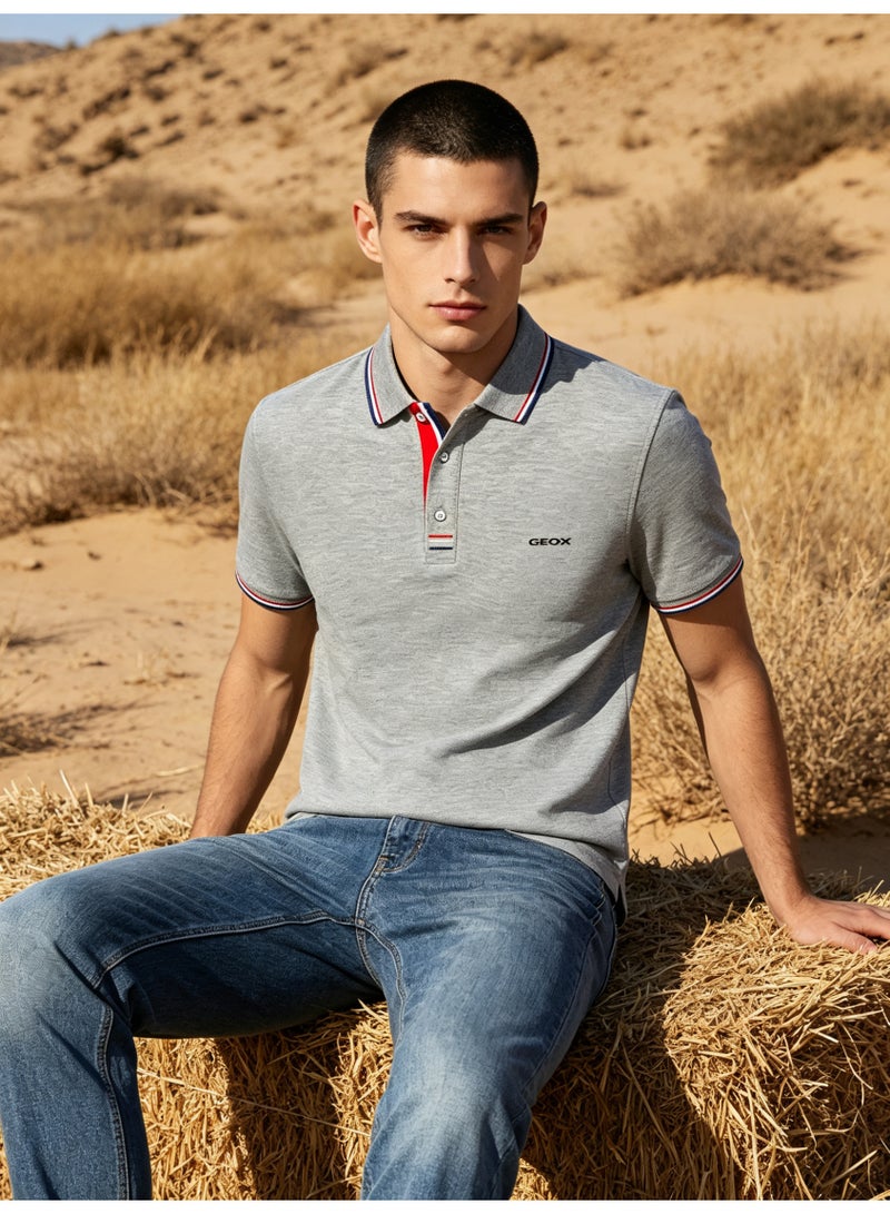 GEOX Unisex Short Sleeve Collar Polo Shirt, Contrast Striped Cuff & Collar, Casual Daily Wear, Grey - Image 4