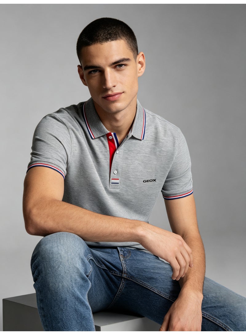 GEOX Unisex Short Sleeve Collar Polo Shirt, Contrast Striped Cuff & Collar, Casual Daily Wear, Grey - Image 2