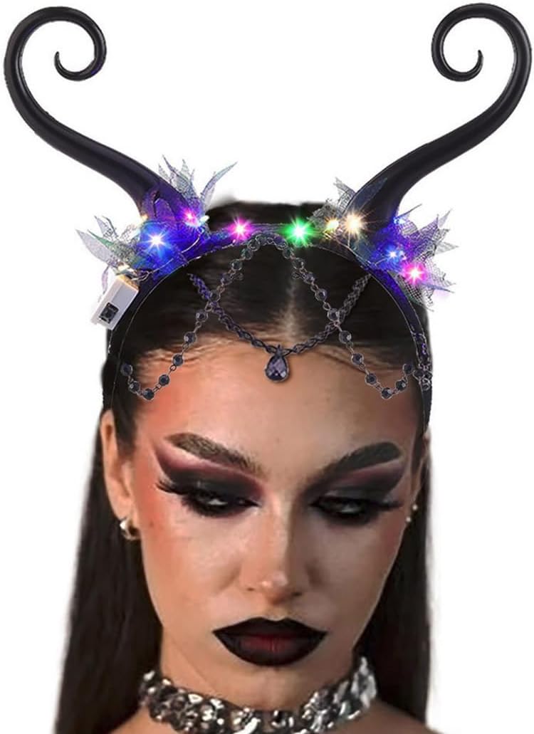 Light Up Fairy Headband Black Elf Headbands Forest Antler Hairband LED Horn Costume Headpiece Holiday Women Hair Accessories for Halloween Party