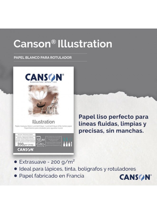 CANSON ورق رسم كانسون إيلستراشن 250 جرام، نسيج أملس أبيض عالي، دفتر A4 يتضمن 12 ورقة - Image 3