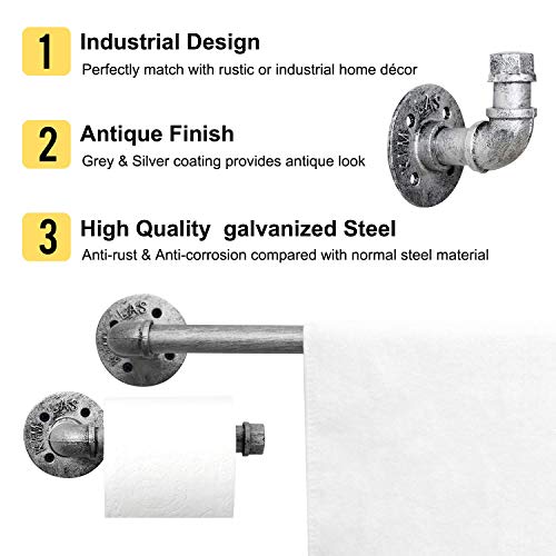 HouseAid 3-Pieces Industrial Pipe Towel Holder Set, Rustic Steel Towel Rack Kit, Farmhouse Vintage Style Towel Bar Accessories for Bathroom, Wall Mounted, Antique Silver - Image 4