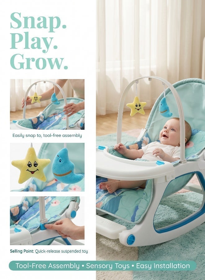 4-in-1 Baby Rocker Chair, Mint Blue Convertible Infant Seat with Removable Feeding and Music Activity Tray, Multi-Angle Recline, Sunshade Canopy, Removable Mosquito Net, 3-Point Harness, 0–36 Months - Image 4