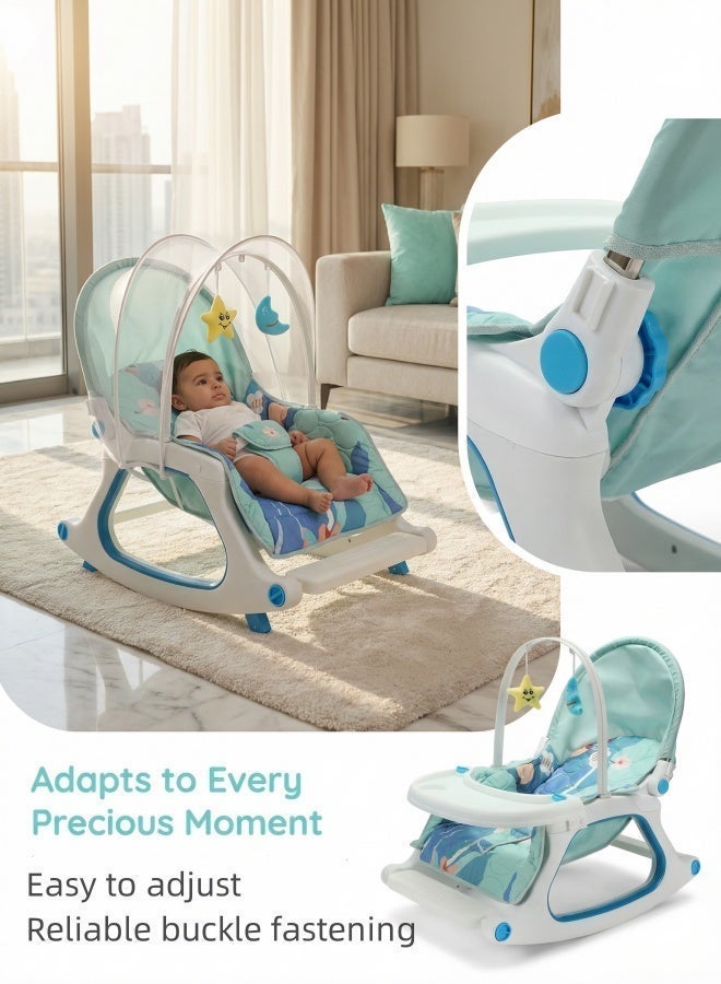 4-in-1 Baby Rocker Chair, Mint Blue Convertible Infant Seat with Removable Feeding and Music Activity Tray, Multi-Angle Recline, Sunshade Canopy, Removable Mosquito Net, 3-Point Harness, 0–36 Months - Image 2