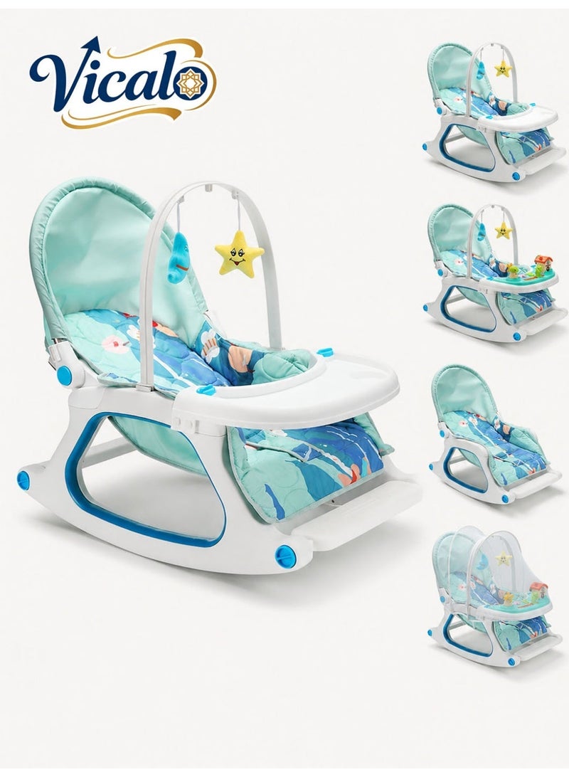 4-in-1 Baby Rocker Chair, Mint Blue Convertible Infant Seat with Removable Feeding and Music Activity Tray, Multi-Angle Recline, Sunshade Canopy, Removable Mosquito Net, 3-Point Harness, 0–36 Months - Image 1