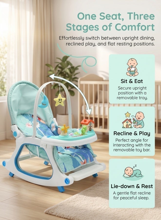 4-in-1 Baby Rocker Chair, Mint Blue Convertible Infant Seat with Removable Feeding and Music Activity Tray, Multi-Angle Recline, Sunshade Canopy, Removable Mosquito Net, 3-Point Harness, 0–36 Months - Image 3
