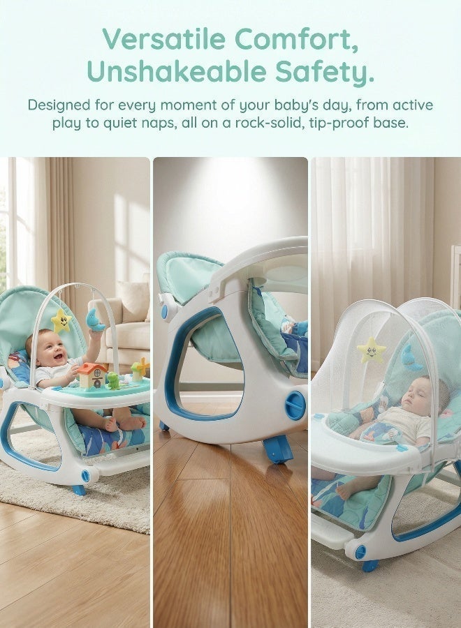 4-in-1 Baby Rocker Chair, Mint Blue Convertible Infant Seat with Removable Feeding and Music Activity Tray, Multi-Angle Recline, Sunshade Canopy, Removable Mosquito Net, 3-Point Harness, 0–36 Months - Image 5