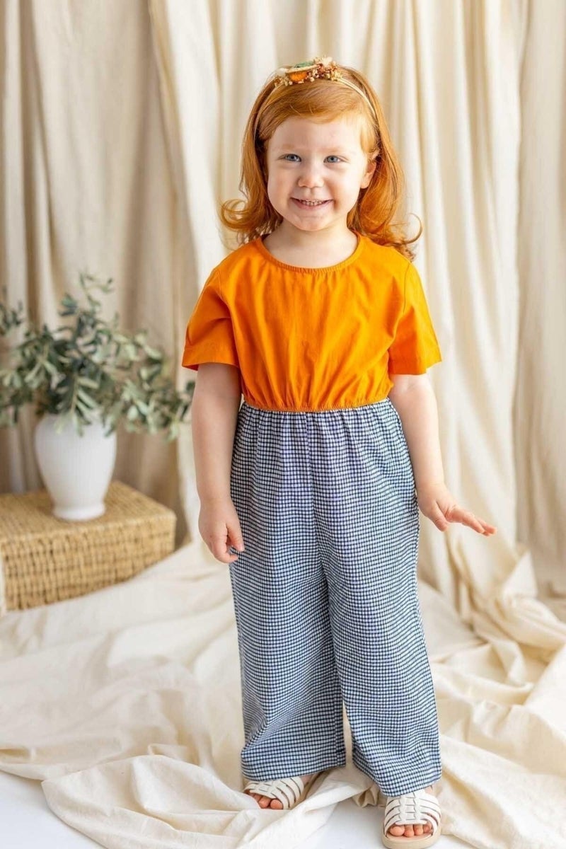 Oliven The Kid Orange Short Sleeve Plaid Pattern One Piece Jumpsuit - Image 1