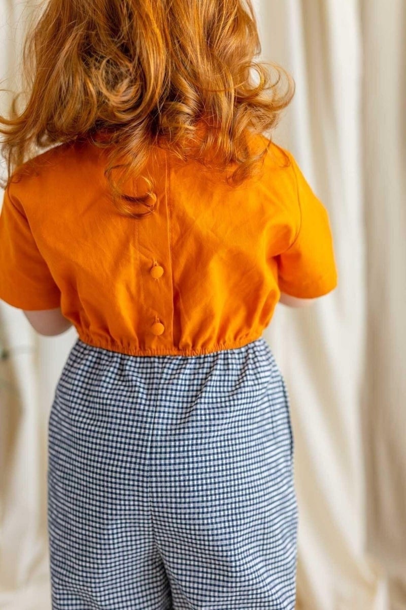 Oliven The Kid Orange Short Sleeve Plaid Pattern One Piece Jumpsuit - Image 4