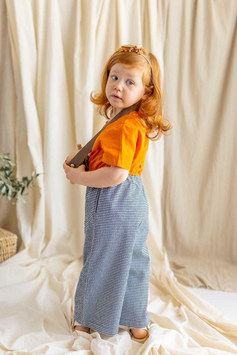 Oliven The Kid Orange Short Sleeve Plaid Pattern One Piece Jumpsuit - Image 3