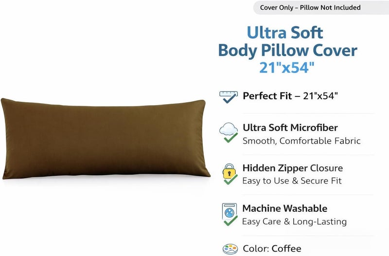EVOLIVE Ultra Soft Microfiber Body Pillow Cover/Pillowcases 21"x54" with Hidden Zipper Closure(21"x54" Body Pillow Cover, Coffee) - Image 2