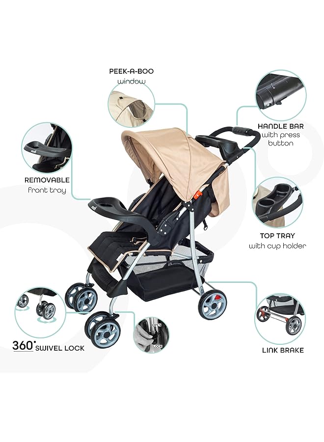 erorex Trek One Fold Stroller Beige + Pull String Cat - Image 2