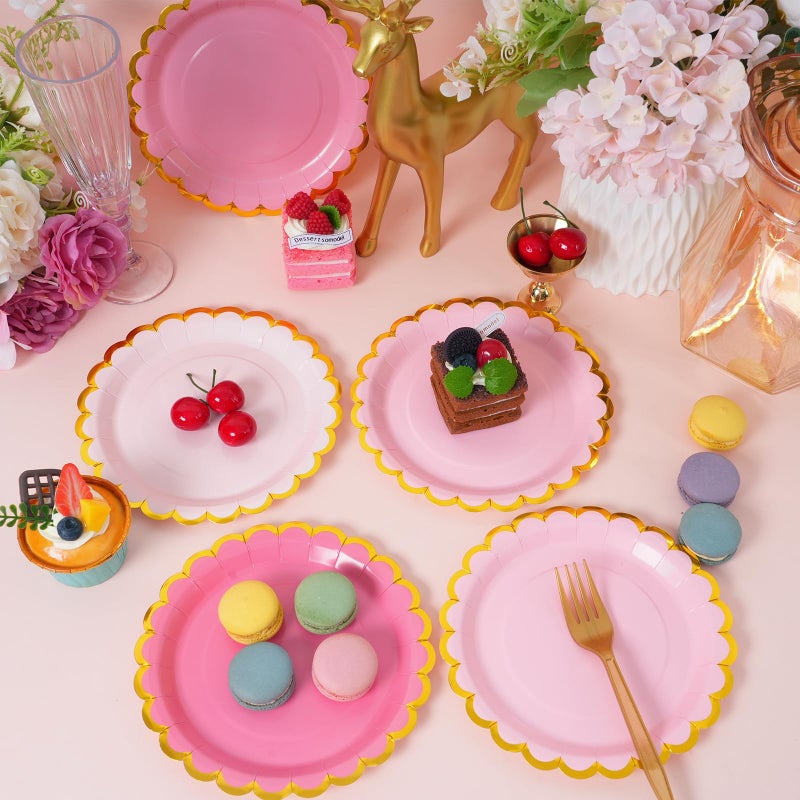 Leapig Pink & gold mix scalloped party plates with napkins and fork gold foil border, 24 Guest Pink disposable Tableware Set Party Decoration for Birthday Coquette Bridal Baby Shower Valentines - Image 4