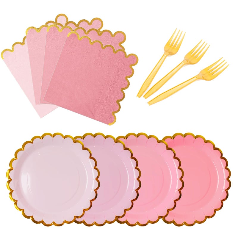 Leapig Pink & gold mix scalloped party plates with napkins and fork gold foil border, 24 Guest Pink disposable Tableware Set Party Decoration for Birthday Coquette Bridal Baby Shower Valentines - Image 1
