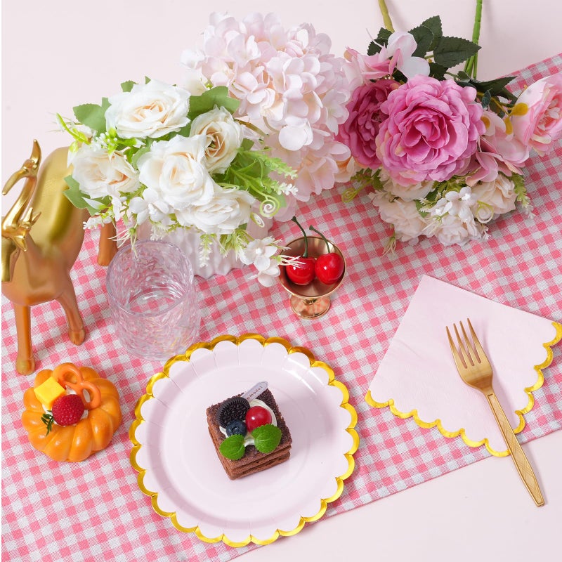 Leapig Pink & gold mix scalloped party plates with napkins and fork gold foil border, 24 Guest Pink disposable Tableware Set Party Decoration for Birthday Coquette Bridal Baby Shower Valentines - Image 3