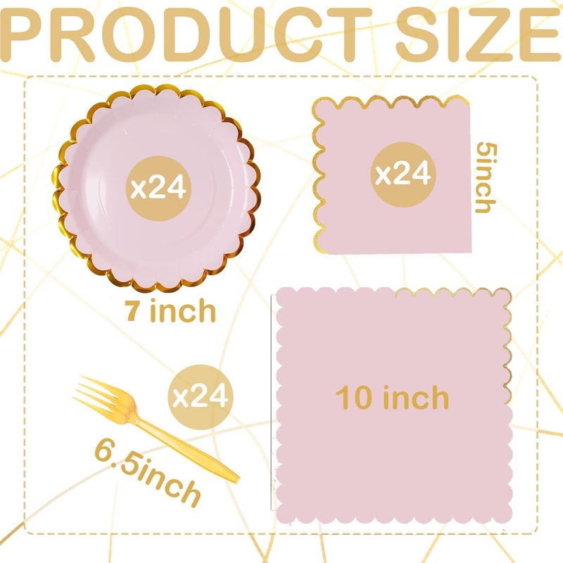 Leapig Pink & gold mix scalloped party plates with napkins and fork gold foil border, 24 Guest Pink disposable Tableware Set Party Decoration for Birthday Coquette Bridal Baby Shower Valentines - Image 5
