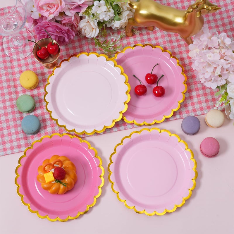 Leapig Pink & gold mix scalloped party plates with napkins and fork gold foil border, 24 Guest Pink disposable Tableware Set Party Decoration for Birthday Coquette Bridal Baby Shower Valentines - Image 2