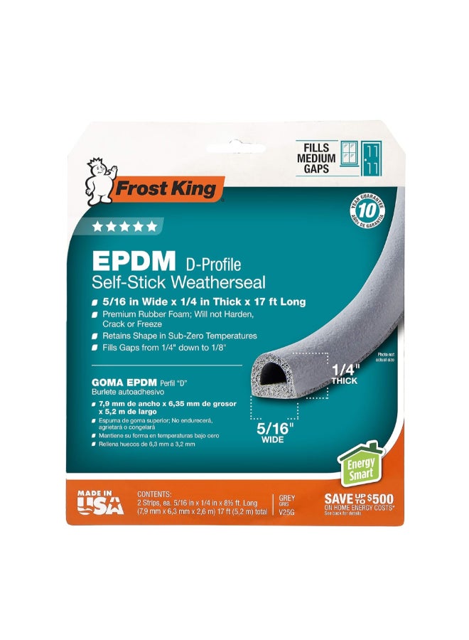 Frost King EPDM D-Profile Self-Stick Weatherseal Grey 5/16 Inch x 17 ft V25GA - Image 1