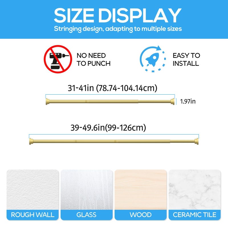 ZipGlo Gold Tension Rod 28-48 Inch 1 Pack Fit 31-48 Inch Area, 7/8 Inch Diameter Spring Loaded Curtain Rods No Drilling Adjustable, Tension Curtain Rod for Windows Doorway Kitchen Closet Bedroom - Image 5