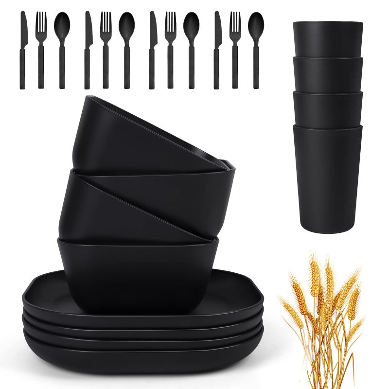 afcevnlb 24 Piece Wheat Straw Square Dinnerware Sets for 4  Unbreakable Dinner Plates and Bowls Sets for Camping Party Grill (Black) - Image 1
