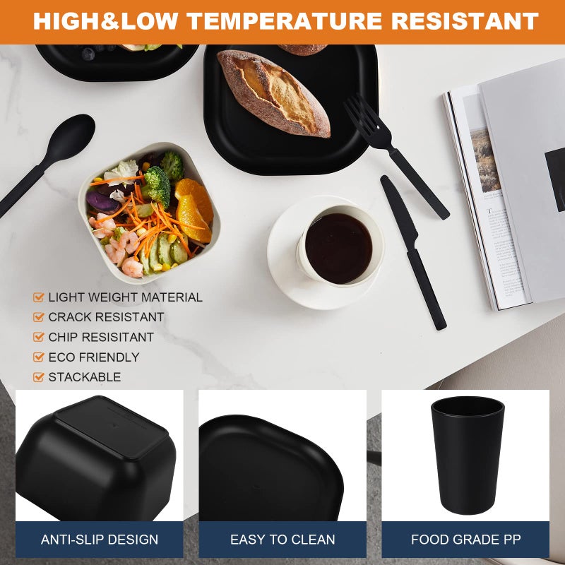 afcevnlb 24 Piece Wheat Straw Square Dinnerware Sets for 4  Unbreakable Dinner Plates and Bowls Sets for Camping Party Grill (Black) - Image 3