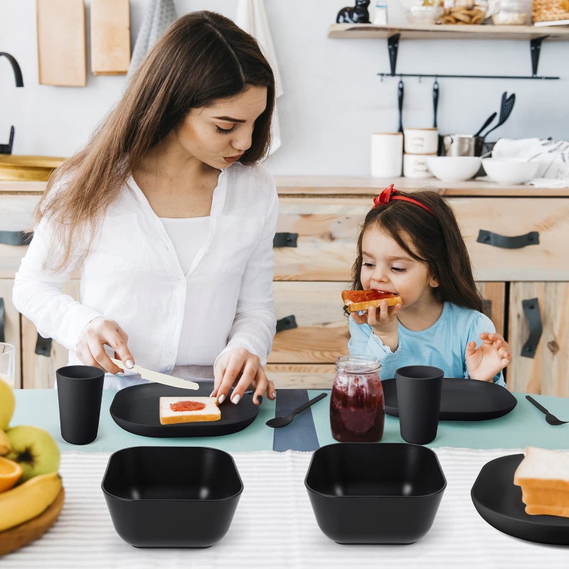 afcevnlb 24 Piece Wheat Straw Square Dinnerware Sets for 4  Unbreakable Dinner Plates and Bowls Sets for Camping Party Grill (Black) - Image 4