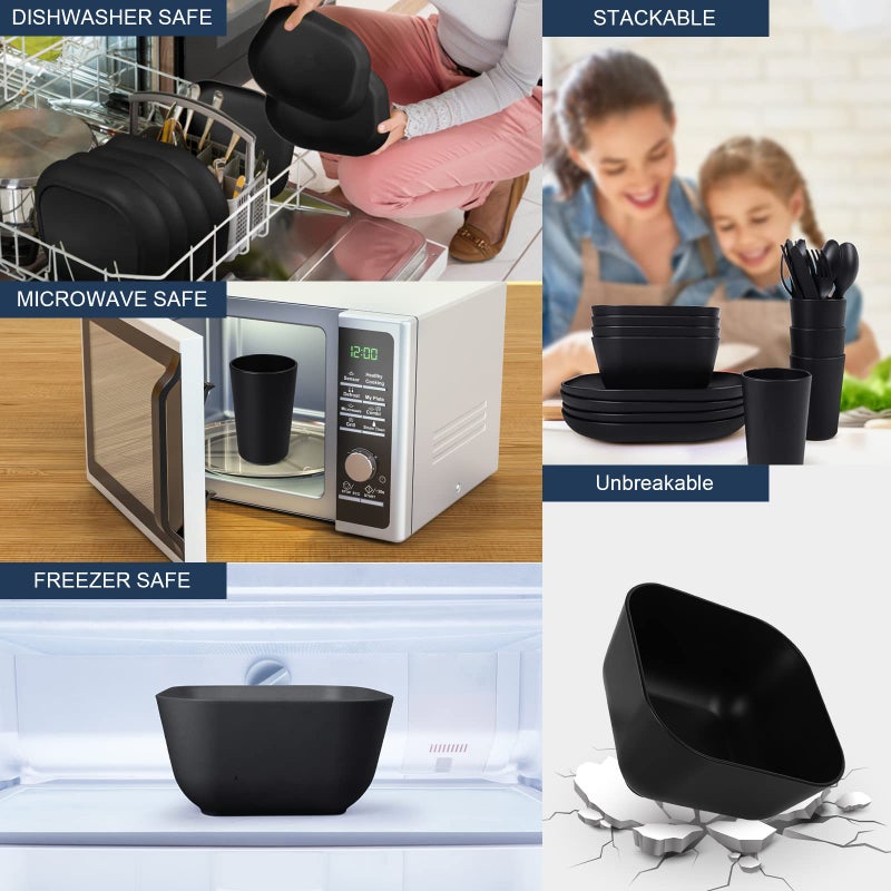 afcevnlb 24 Piece Wheat Straw Square Dinnerware Sets for 4  Unbreakable Dinner Plates and Bowls Sets for Camping Party Grill (Black) - Image 2