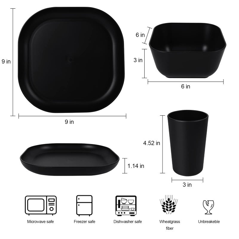 afcevnlb 24 Piece Wheat Straw Square Dinnerware Sets for 4  Unbreakable Dinner Plates and Bowls Sets for Camping Party Grill (Black) - Image 5