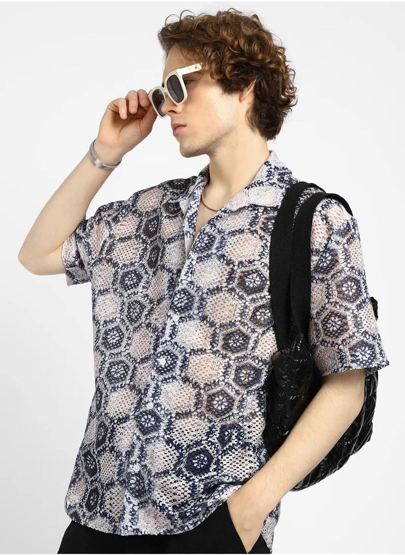Campus Sutra Men's Navy Blue & Off-White Hexagon Knit Oversized Shirt