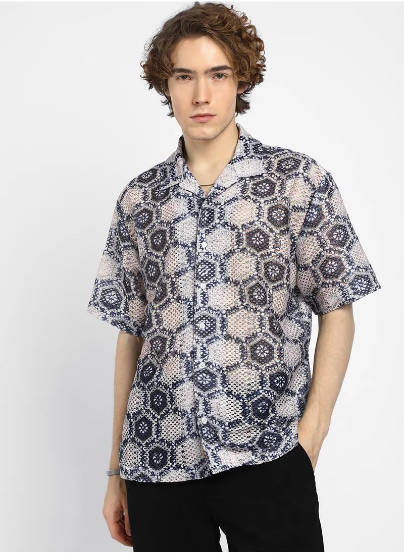 Campus Sutra Men's Navy Blue & Off-White Hexagon Knit Oversized Shirt