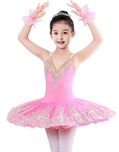 ZX Girl's Camisole Skirted Leotard Ballet Sparkle Lace Swan Lake Tutu Ballerina Costumes Competition Dress, 005 Pink, 8-9 Years - Image 1