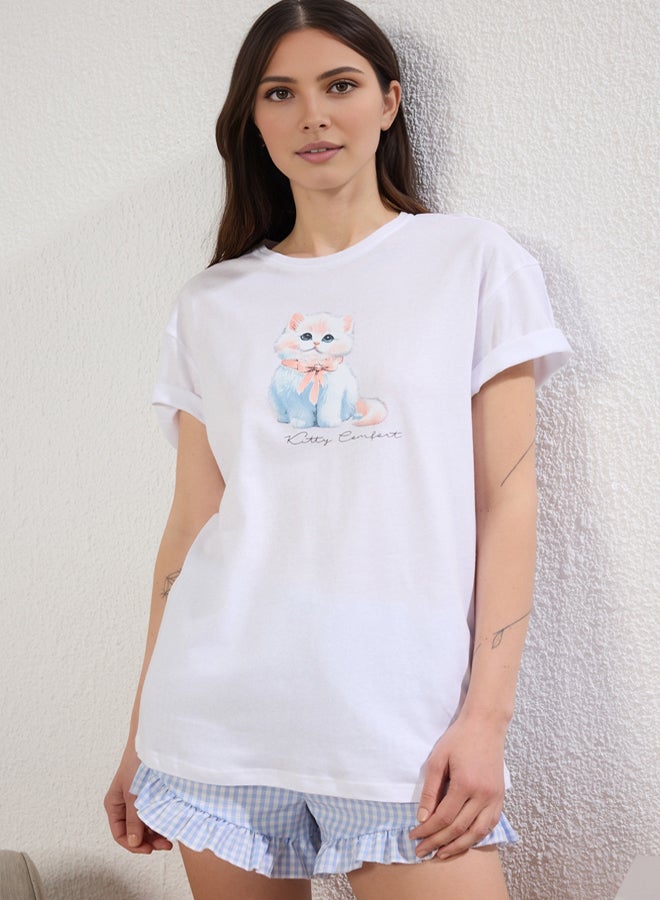 trendyol White 100% Cotton Gingham Cat Ruffle Shorts Top Knitted Bottom Woven Pajamas Set - Image 2
