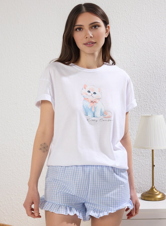 trendyol White 100% Cotton Gingham Cat Ruffle Shorts Top Knitted Bottom Woven Pajamas Set - Image 1