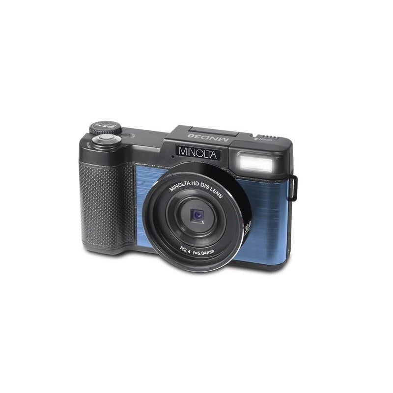 Minolta 30MP Digital Camera 27K Ultra HD Video 3inch 180 LCD Screen Face Detection AntiShake 9 Scene Modes Photo Burst Panorama CMOS Sensor 32GB Card Blue