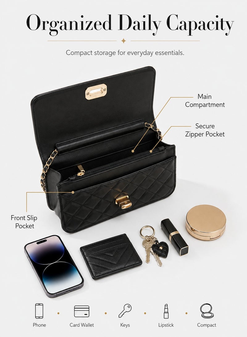 BLLE ROWN Bags for Ladies Small Quilted Chain Crossbody Bag for Women Elegant Black PU Shoulder Purse with Gold Lock Detail Daily Use Gift for Her - Image 4